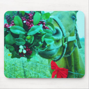 Christmas Mistletoe Teal Horse Mouse Pad
