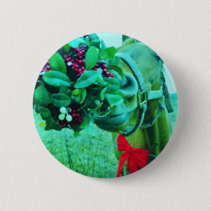 Christmas Mistletoe Teal Horse Pinback Button