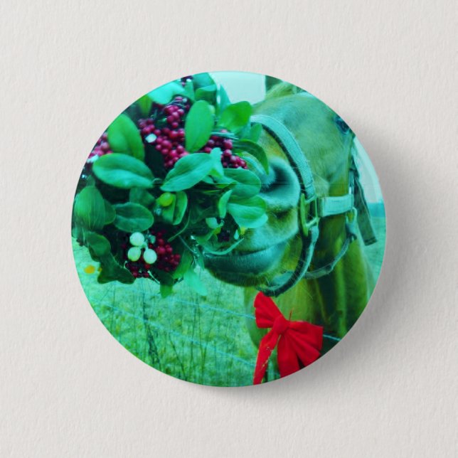 Christmas Mistletoe Teal Horse Pinback Button (Front)