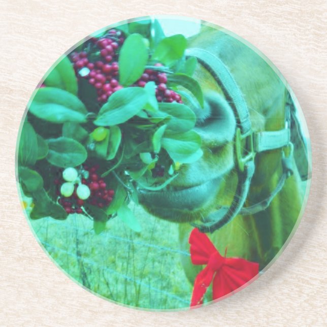 Christmas Mistletoe Teal Horse Sandstone Coaster (Front)