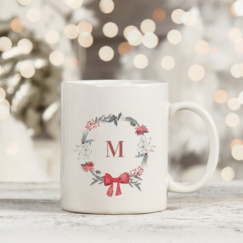 Christmas Mistletoe Wreath Custom Monogram Two_Tone Coffee Mug