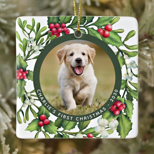 Christmas Mistletoe Wreath Custom Puppy Dog Photo Ceramic Ornament