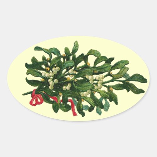 CHRISTMAS MISTLETOES  WITH RED RIBBON OVAL STICKER