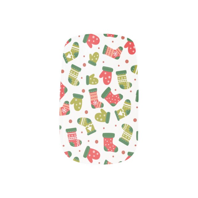 Christmas Mittens and Stockings in Red and Green Minx Nail Art (Left Thumb)