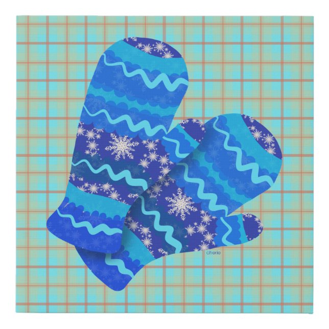 Christmas Mittens Blue Knitted Cute Plaid Faux Canvas Print (Front)
