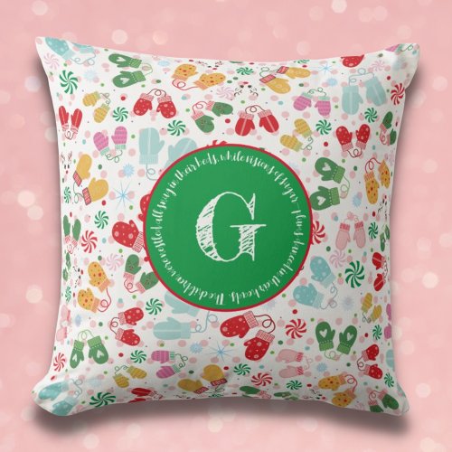 Christmas Mittens Candy Pink Red Monogram Pattern Throw Pillow