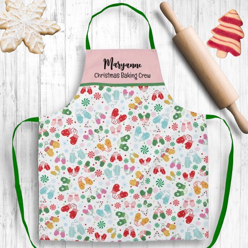 Christmas Mittens Candy Red Green Script Pattern Apron