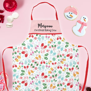 Christmas Mittens Candy Red Pink Script Pattern Apron