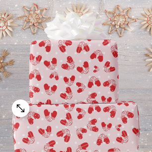 Christmas Mittens Red Pink Simple Pattern Wrap Wrapping Paper