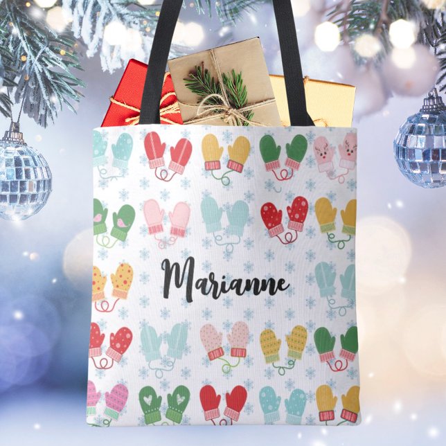 Christmas Mittens Snowflakes Script Name Stylish Tote Bag (Creator Uploaded)