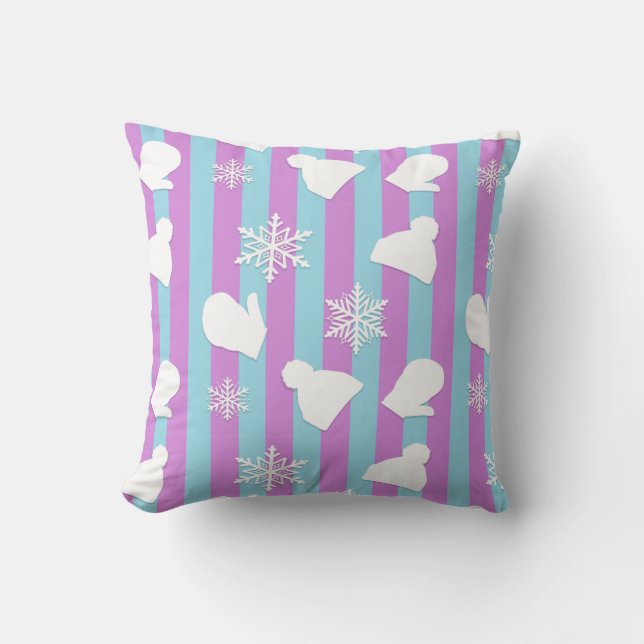 Christmas Mittens, Winter Hats and White Snowflake Throw Pillow (Front)