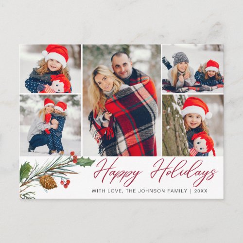 Christmas Modern 5 PHOTO Collage Greeting Holiday Postcard