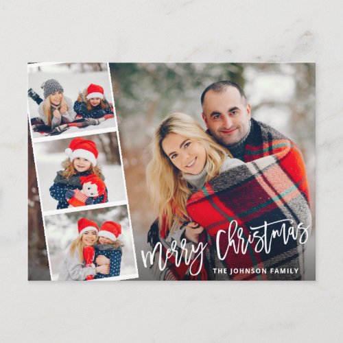 Christmas Modern Brush Script 4 PHOTO Greeting Postcard