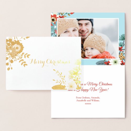 Christmas Modern Floral Family Photo Foil Card