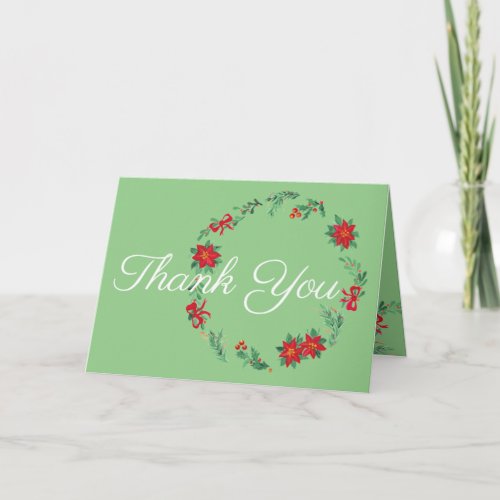 Christmas Modern Green Poinsettia Wreath Thank You Card