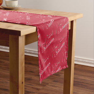 Christmas Modern Merry Christmas Family Name Red Short Table Runner