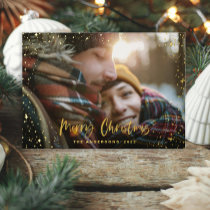 Christmas modern minimal photo script star black foil holiday card