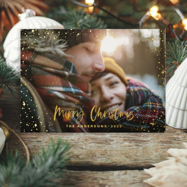 Christmas modern minimal photo script star black foil holiday card (Creator Uploaded)
