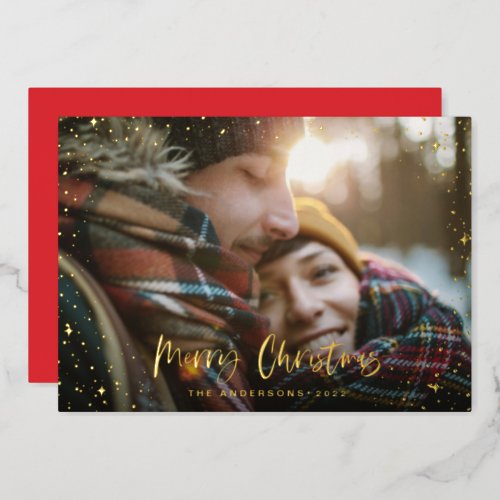 Christmas modern minimal photo script star gold foil holiday card