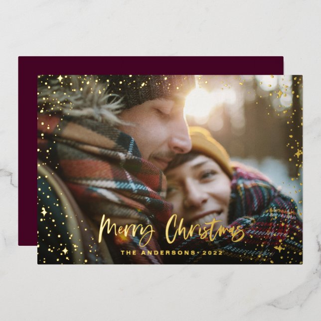 Christmas modern minimal photo script star purple foil holiday card (Front/Back)