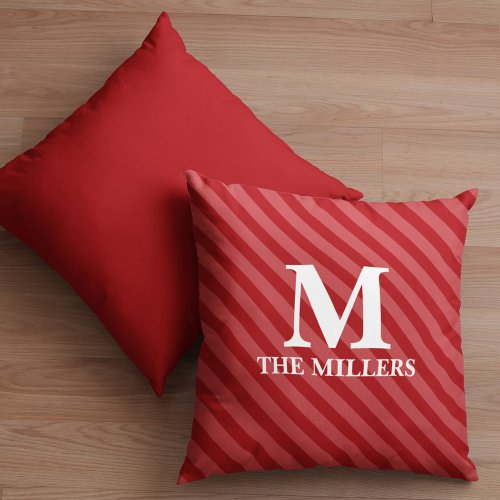Christmas Modern Monogram Cute Red Striped Festive Throw Pillow