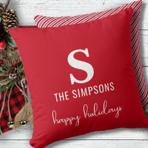 Christmas Modern Monogram Red Striped Festive Throw Pillow