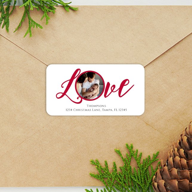 Christmas Modern Photo Calligraphy Simple Cute Label (Christmas photo typography "Love" wording return address label.)