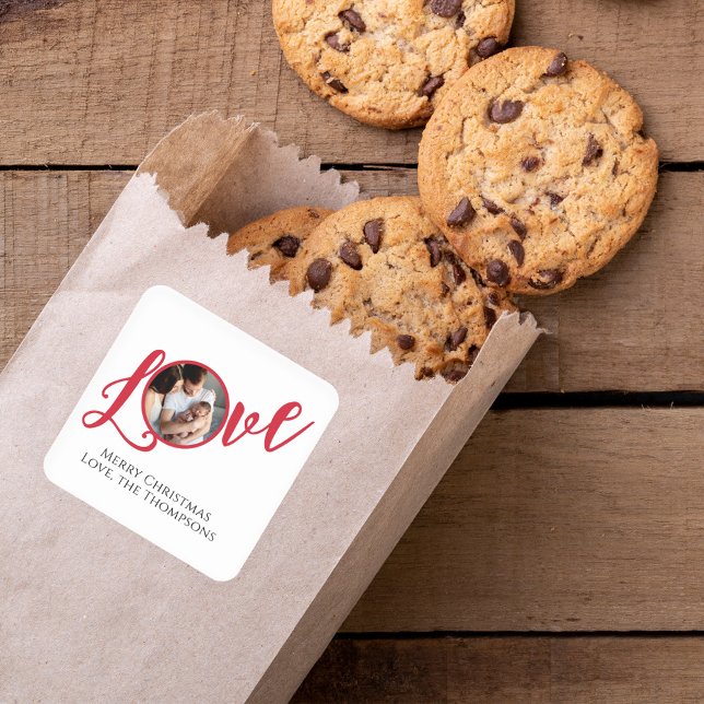 Christmas Modern Photo Calligraphy Simple Cute Square Sticker (Christmas love typography script photo gift sticker. )