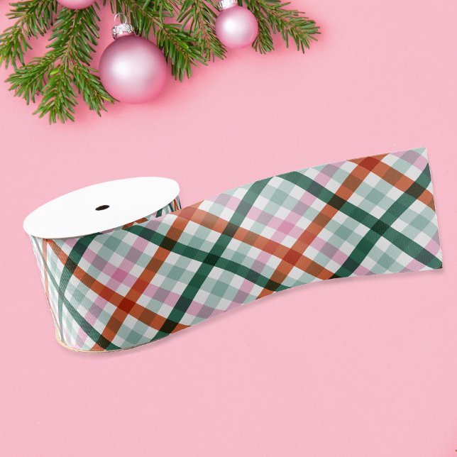 Christmas Modern Plaid Pink Green Red Grosgrain Ribbon (Modern Gingham Christmas Ribbon. With red pink and green is perfect for your holiday gift wrapping)