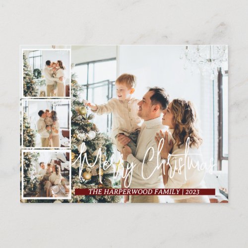 Christmas Modern Script Family Photo Collage Holiday Postcard