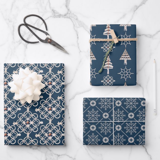 Christmas Modern Snowflake And Tree Pattern Wrapping Paper Sheets (Front)