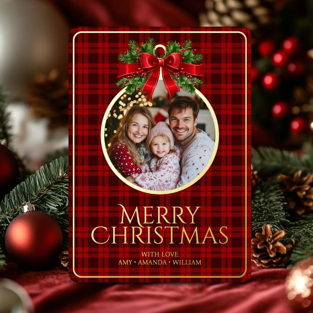 Christmas Modern Tartan Red Plaids Family Photo Foil Holiday Card (Christmas Modern Tartan Red Plaids Family Photo Foil Holiday Card)