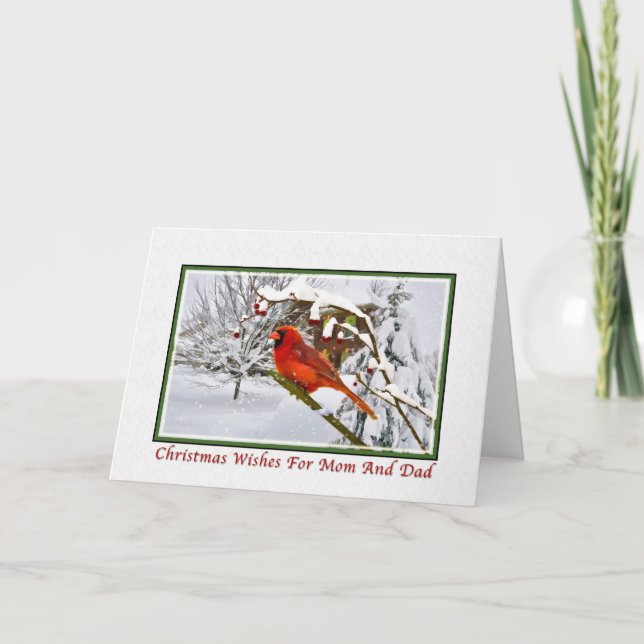 Christmas, Mom and Dad, Cardinal Bird, Snow, Card (Front)