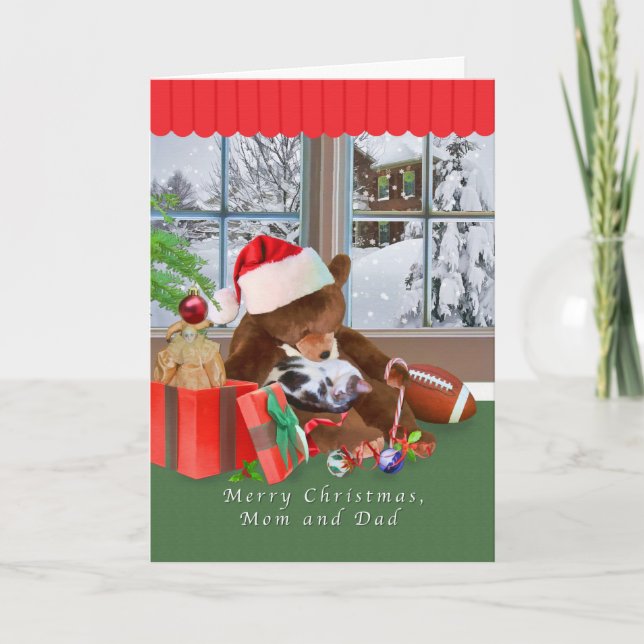 Christmas, Mom and Dad, Cat, Teddy Bear Holiday Card (Front)
