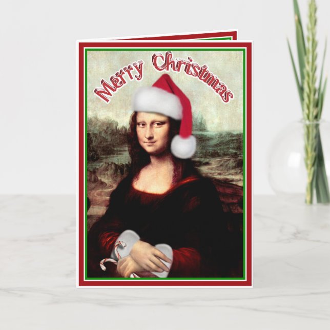 Christmas Mona Lisa With Santa Hat Holiday Card (Front)