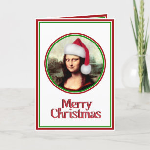 Christmas Mona Lisa With Santa Hat Holiday Card