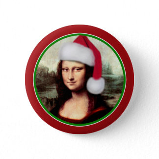 Christmas Mona Lisa With Santa Hat Pinback Button