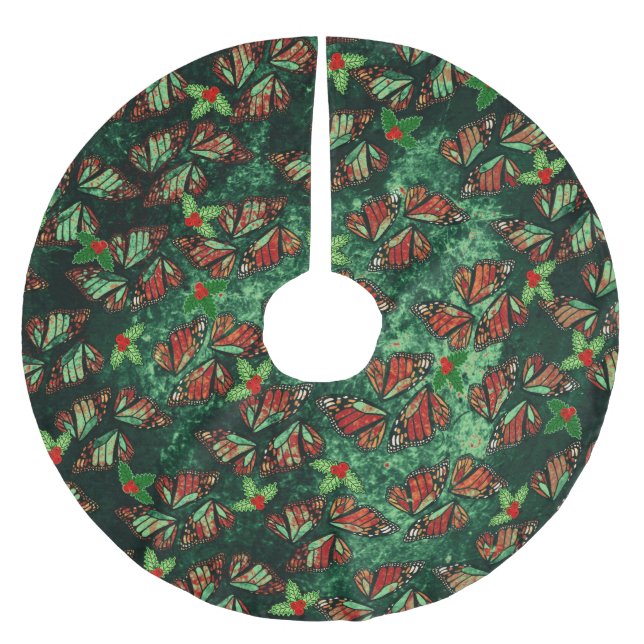 Christmas Monarch Butterfly Wings and Holly Berry Brushed Polyester Tree Skirt (Front)
