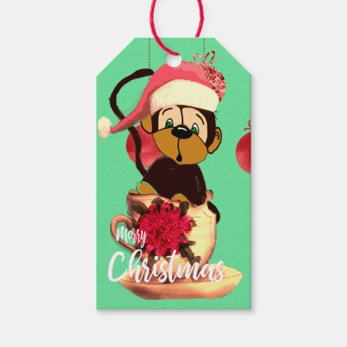 Christmas Monkey Cute Green Red Name Gift Tags