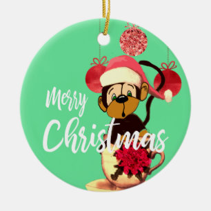 Christmas Monkey Green Red Cute Ceramic Ornament