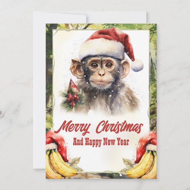 Christmas Monkey Watercolor Holiday Card (Front)
