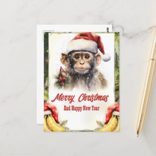 Christmas Monkey Watercolor Postcard