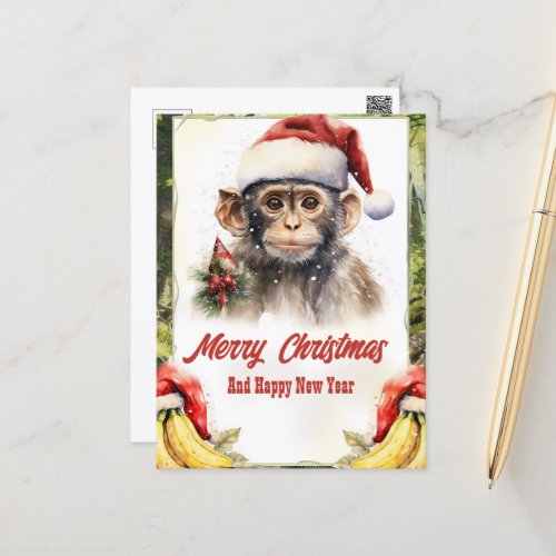 Christmas Monkey Watercolor Postcard