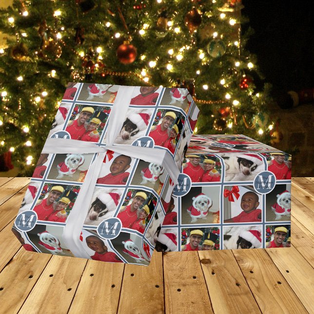 Christmas Monogram Blue Create Your Own Photo Wrapping Paper (Creator Uploaded)