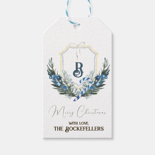 Christmas Monogram Blue Pine Candy Cane Gift Tags