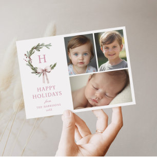 Christmas Monogram Bow Wreath Letterpress Photo Cards