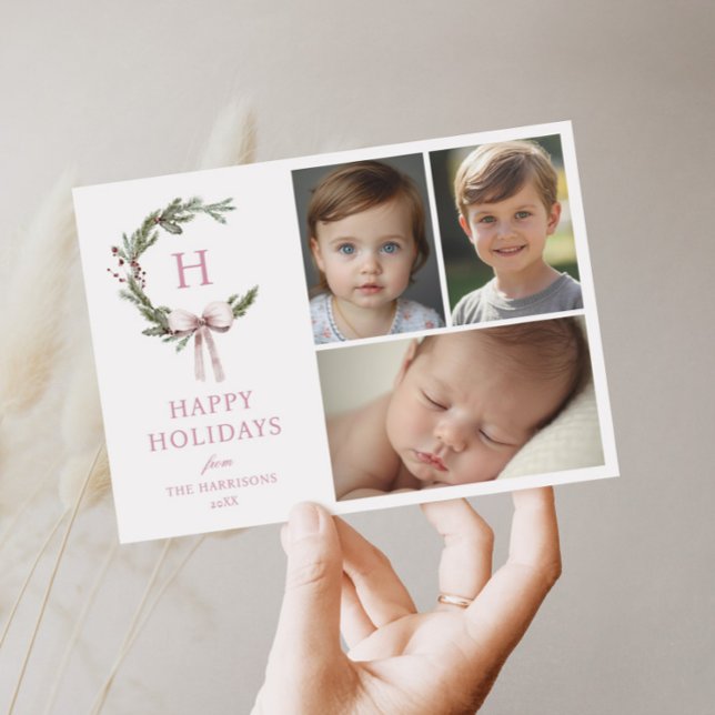 Christmas Monogram Bow Wreath  Letterpress Photo Cards (Creator Uploaded)
