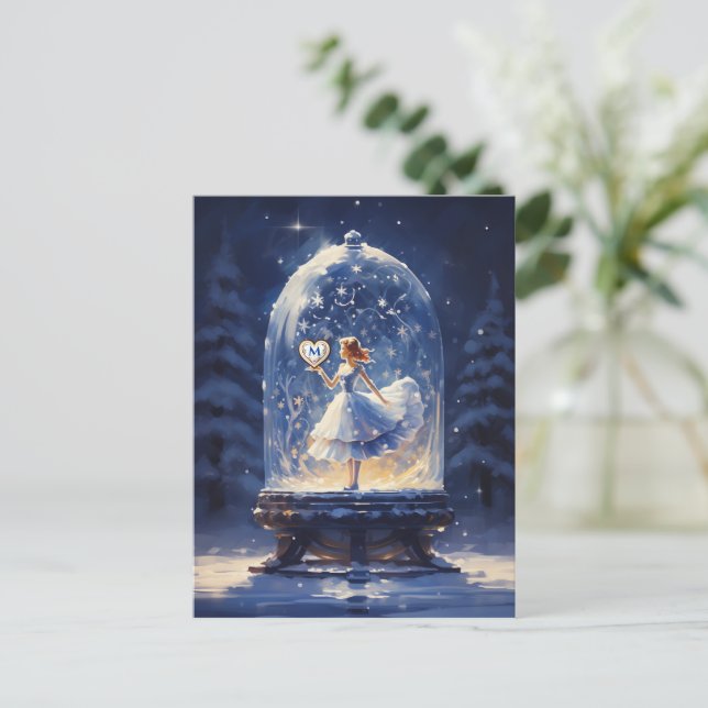 Christmas Monogram Cute Snow Globe  Holiday Postcard (Standing Front)