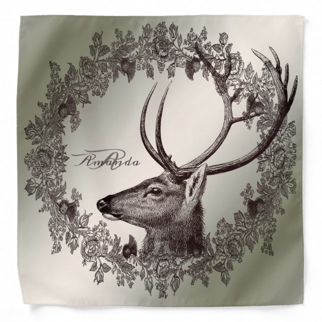 Christmas Monogram Floral Reindeer Golden Winter Bandana (Front)