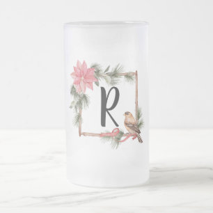 Christmas Monogram Frame with Birds and Poinsettia Frosted Glass Beer Mug